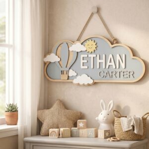Personalized Wooden Name Sign For Nursery, Baby Shower Gifts, Newborn Keepsake, Custom Hot Air Balloon Cloud Wood Wall Decor For Baby Boy Nursery Sign