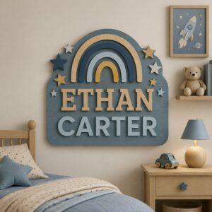 Personalized Wooden Name Sign For Nursery, Custom Blue Rainbow Wooden Wall Sign For Kids Room, Baby Shower Gifts, Newborn Keepsake