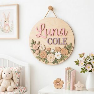 Personalized Wooden Name Sign For Nursery, Custom Blush Floral Wood Wall Decor For Kids Room, Baby Shower Gifts, Newborn Keepsake