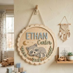 Personalized Wooden Name Sign For Nursery, Baby Shower Gifts, Newborn Keepsake, Raccoon Moon Scallop Round Wall Decor Kids Room Custom Plaque Wall Art