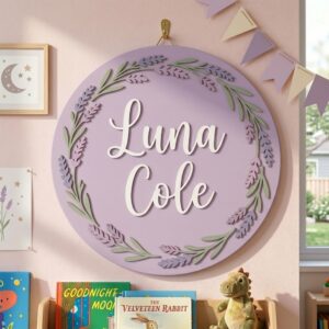 Personalized Wooden Name Sign For Nursery, Baby Shower Gifts, Newborn Keepsake, Custom Lavender Wreath Wood Wall Decor For Baby Girl Nursery, Wall Art