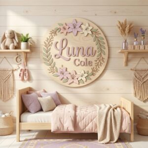 Personalized Wooden Name Sign For Nursery, Baby Shower Gifts, Newborn Keepsake, Custom Lily Floral Wreath Wood Wall Decor For Baby Girl Room, Wall Art