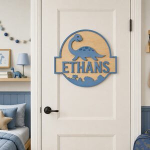 Personalized Wooden Name Sign For Nursery, Baby Shower Gifts, Dinosaur Kids Room Door Sign Custom Bedroom Wall Decor Plaque Gifts, Newborn Keepsake - Style 1