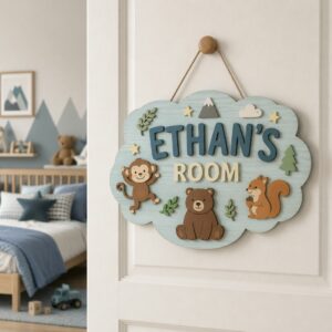 Personalized Wooden Name Sign For Nursery, Baby Shower Gifts, Newborn Keepsake, Animal Baby Decor, Custom Kids Room Name Plaque Wall Decor Gifts - Style 1