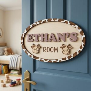 Personalized Wooden Name Sign For Nursery, Baby Shower Gifts, Newborn Keepsake, Animal Nursery Decor, Custom Oval Wooden Door Plaque For Kids Room - Style 2