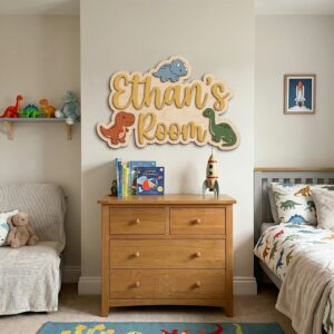 Personalized Wooden Name Sign For Nursery, Baby Shower Gifts, Newborn Keepsake, Dinosaur Door Sign For Kids Room Custom Bedroom Wall Decor Plaque Gift - Style 2