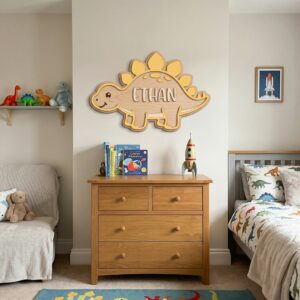 Personalized Wooden Name Sign For Nursery, Baby Shower Gifts, Newborn Keepsake, Dinosaur Name Wall Decor Baby Boy Room Custom Plaque Gift, Door Signs - Style 2