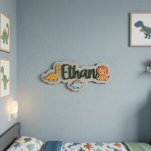Personalized Wooden Name Sign For Nursery, Baby Shower Gifts, Newborn Keepsake, Dinosaur Theme Name Sign Custom Kids Bedroom Wall Decor Plaque Gifts - Style 1