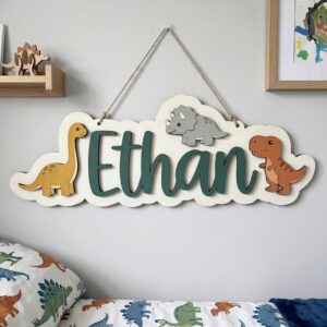 Personalized Wooden Name Sign For Nursery, Baby Shower Gifts, Newborn Keepsake, Dinosaur Theme Name Sign Custom Kids Bedroom Wall Decor Plaque Gifts - Style 2