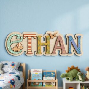 Personalized Wooden Name Sign For Nursery, Baby Shower Gifts, Newborn Keepsake, Dinosaur Wooden Name Letters Wall Decor Kids Room Custom Gift Signs - Style 2
