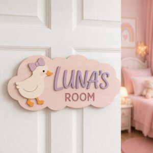 Personalized Wooden Name Sign For Nursery, Baby Shower Gifts, Newborn Keepsake, Duck Nursery Decor, Custom Cloud Door Plaque For Kids Room Decor - Style 1