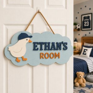 Personalized Wooden Name Sign For Nursery, Baby Shower Gifts, Newborn Keepsake, Duck Nursery Decor, Custom Cloud Door Plaque For Kids Room Decor - Style 2