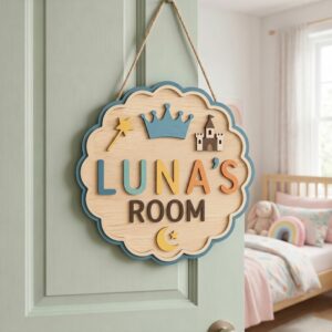 Personalized Wooden Name Sign For Nursery, Baby Shower Gifts, Newborn Keepsake, Fairytale Castle Kids Door Sign, Custom Bedroom Wall Decor Plaque Gifts - Style 1