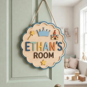 Personalized Wooden Name Sign For Nursery, Baby Shower Gifts, Newborn Keepsake, Fairytale Castle Kids Door Sign, Custom Bedroom Wall Decor Plaque Gifts - Style 2
