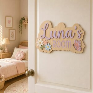 Personalized Wooden Name Sign For Nursery, Baby Shower Gifts, Newborn Keepsake, Floral Nursery Decor, Custom Baby Girl Room Wall Hanging Plaque Decor - Style 1
