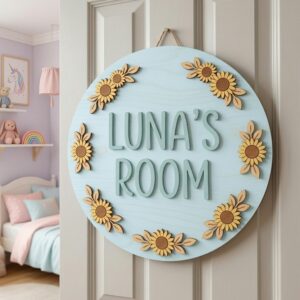 Personalized Wooden Name Sign For Nursery, Baby Shower Gifts, Newborn Keepsake, Floral Round Nursery Decor, Custom Wood Plaque For Baby Room Wall Art - Style 1