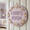 Personalized Wooden Name Sign For Nursery, Baby Shower Gifts, Newborn Keepsake, Floral Round Nursery Decor, Custom Wood Plaque For Baby Room Wall Art - Style 3