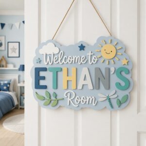 Personalized Wooden Name Sign For Nursery, Baby Shower Gifts, Newborn Keepsake, Sky Theme Nursery Decor, Custom Kids Room Wall Art Plaque For Bedroom - Style 2