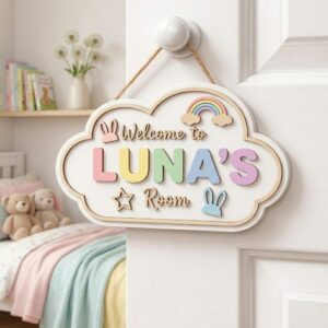 Personalized Wooden Name Sign For Nursery, Baby Shower Gifts, Newborn Keepsake, Welcome Cloud Name Sign, Custom Rainbow Kids Room Door Decor Wall Art - Style 1
