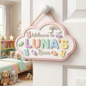 Personalized Wooden Name Sign For Nursery, Baby Shower Gifts, Newborn Keepsake, Welcome Cloud Name Sign, Custom Rainbow Kids Room Door Decor Wall Art - Style 2