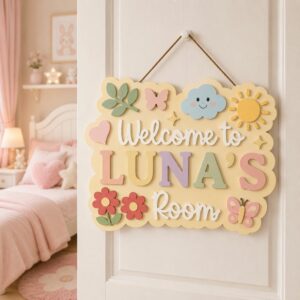 Personalized Wooden Name Sign For Nursery, Baby Shower Gifts, Newborn Keepsake, Welcome Floral Nursery Decor, Custom Kids Room Door Sign Wall Art Gift - Style 2