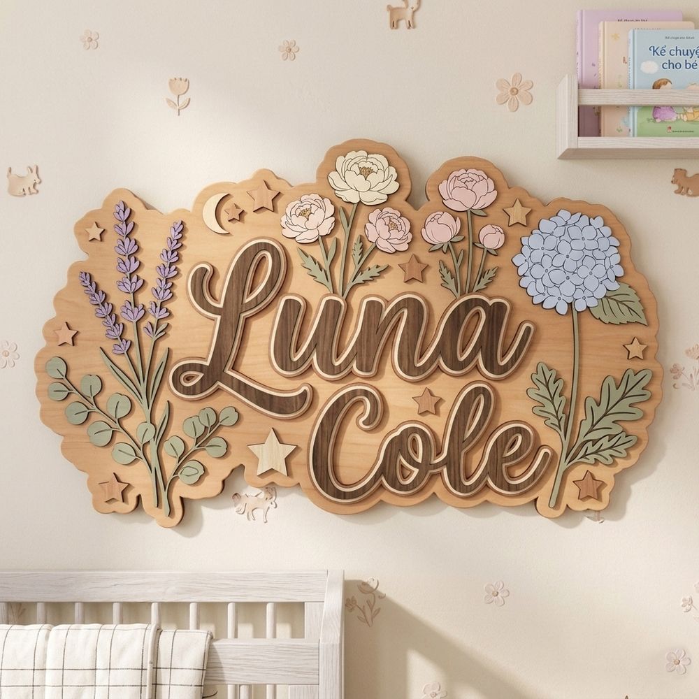 Personalized Wooden Name Sign For Nursery Custom 3D Floral Wall Decor For Baby Girl Room Flower Garden Wood Sign Unique Newborn Baby Gift - Style 2