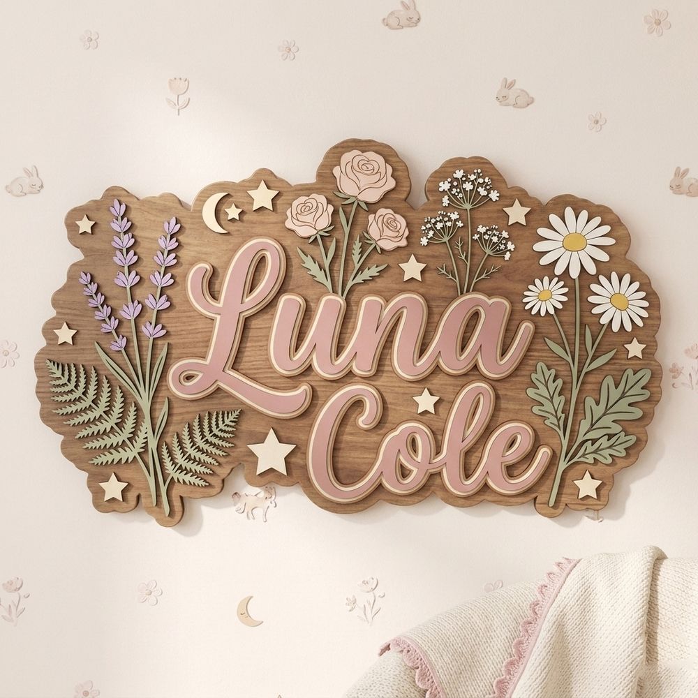 Personalized Wooden Name Sign For Nursery Custom 3D Floral Wall Decor For Baby Girl Room Flower Garden Wood Sign Unique Newborn Baby Gift - Style 3