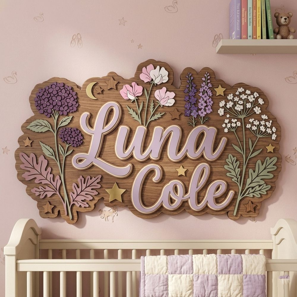 Personalized Wooden Name Sign For Nursery Custom 3D Floral Wall Decor For Baby Girl Room Flower Garden Wood Sign Unique Newborn Baby Gift - Style 4