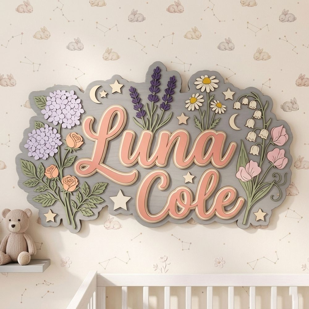 Personalized Wooden Name Sign For Nursery Custom 3D Floral Wall Decor For Baby Girl Room Flower Garden Wood Sign Unique Newborn Baby Gift - Style 5