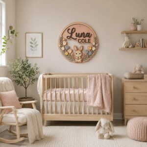 Personalized Wooden Name Sign For Nursery, Custom Bunny Tulip Wooden Wall Sign For Girl Room, Baby Shower Gifts - View 1