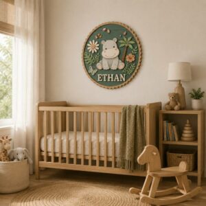 Personalized Wooden Name Sign For Nursery, Custom Hippo Wooden Wall Sign For Kids Room Decor, Baby Shower Gifts - View 1
