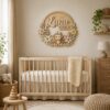 Personalized Wooden Name Sign For Nursery, Custom Monkey Wooden Wall Sign With Floral Wreath, Wood Sign Kid Room, Baby Shower Gifts - View 1