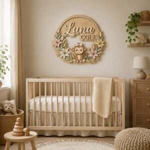 Personalized Wooden Name Sign For Nursery, Custom Monkey Wooden Wall Sign With Floral Wreath, Wood Sign Kid Room, Baby Shower Gifts - View 1