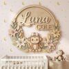 Personalized Wooden Name Sign For Nursery, Custom Monkey Wooden Wall Sign With Floral Wreath, Wood Sign Kid Room, Baby Shower Gifts - View 3