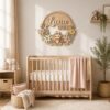 Personalized Wooden Name Sign For Nursery, Custom Monkey Wooden Wall Sign With Floral Wreath, Wood Sign Kid Room, Baby Shower Gifts