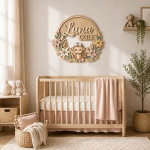 Personalized Wooden Name Sign For Nursery, Custom Monkey Wooden Wall Sign With Floral Wreath, Wood Sign Kid Room, Baby Shower Gifts