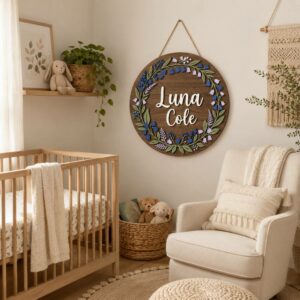 Personalized Wooden Name Sign For Nursery, Custom Name Wall Decor, Bluebell Floral Wood Plaque For Kid Room, Baby Shower Gifts - View 1