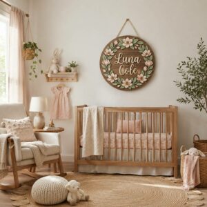 Personalized Wooden Name Sign For Nursery, Custom Name Wall Decor, Blush Magnolia Wood Plaque For Girl Room, Baby Shower Gifts - View 1