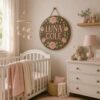 Personalized Wooden Name Sign For Nursery, Custom Name Wall Decor, Blush Rose Floral Round Wood Plaque, Baby Shower Gifts - View 1