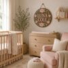 Personalized Wooden Name Sign For Nursery, Custom Name Wall Decor, Blush Rose Floral Round Wood Plaque, Baby Shower Gifts - View 2