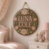 Personalized Wooden Name Sign For Nursery, Custom Name Wall Decor, Blush Rose Floral Round Wood Plaque, Baby Shower Gifts