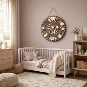 Personalized Wooden Name Sign For Nursery, Custom Name Wall Decor, Boho Peony Floral Wood Plaque For Kid Room, Baby Shower Gifts - View 1