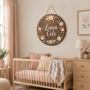 Personalized Wooden Name Sign For Nursery, Custom Name Wall Decor, Boho Peony Floral Wood Plaque For Kid Room, Baby Shower Gifts