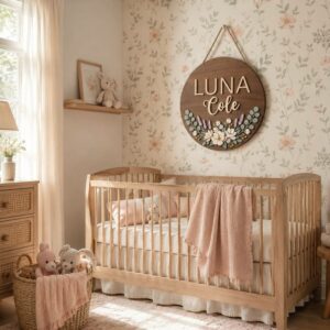 Personalized Wooden Name Sign For Nursery, Custom Name Wall Decor, Botanical Bouquet Wood Plaque For Girl Room, Baby Shower Gifts
