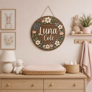 Personalized Wooden Name Sign For Nursery, Custom Name Wall Decor, Botanical Wildflower Wood Plaque For Nursery Room, Baby Shower Gifts - View 1