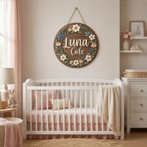Personalized Wooden Name Sign For Nursery, Custom Name Wall Decor, Botanical Wildflower Wood Plaque For Nursery Room, Baby Shower Gifts