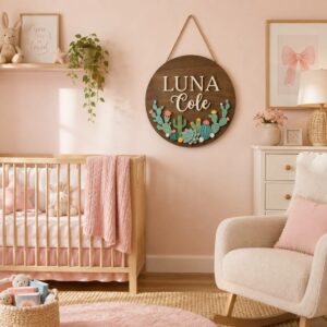 Personalized Wooden Name Sign For Nursery, Custom Name Wall Decor, Cactus Succulent Wood Plaque For Kids Room, Baby Shower Gifts