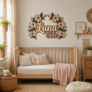 Personalized Wooden Name Sign For Nursery, Custom Name Wall Decor, Cream Lily Wooden Wall Sign For Kid Room, Baby Shower Gifts - View 1