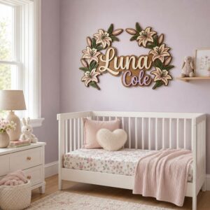 Personalized Wooden Name Sign For Nursery, Custom Name Wall Decor, Cream Lily Wooden Wall Sign For Kid Room, Baby Shower Gifts
