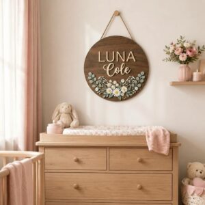Personalized Wooden Name Sign For Nursery, Custom Name Wall Decor, Daisy Bouquet Wood Plaque For Girl Room, Baby Shower Gifts - View 1